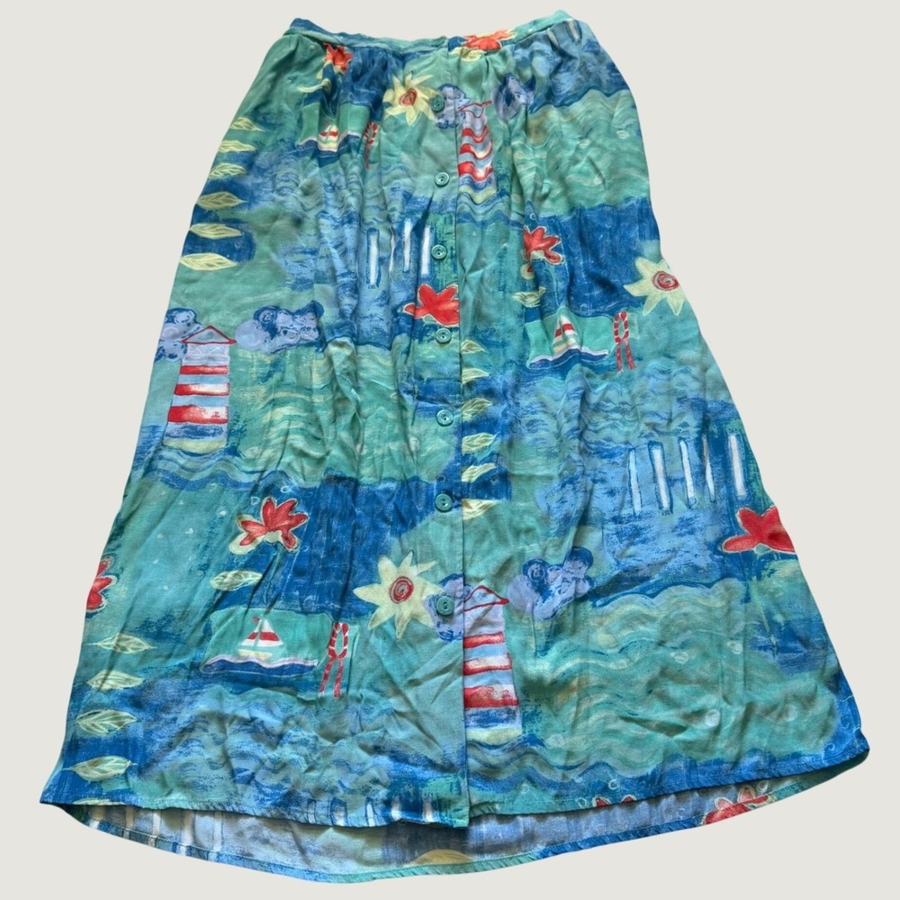 Aris of California Nautical Skirt 8 Lighthouse Sailboat Rayon A-Line Blue 90s